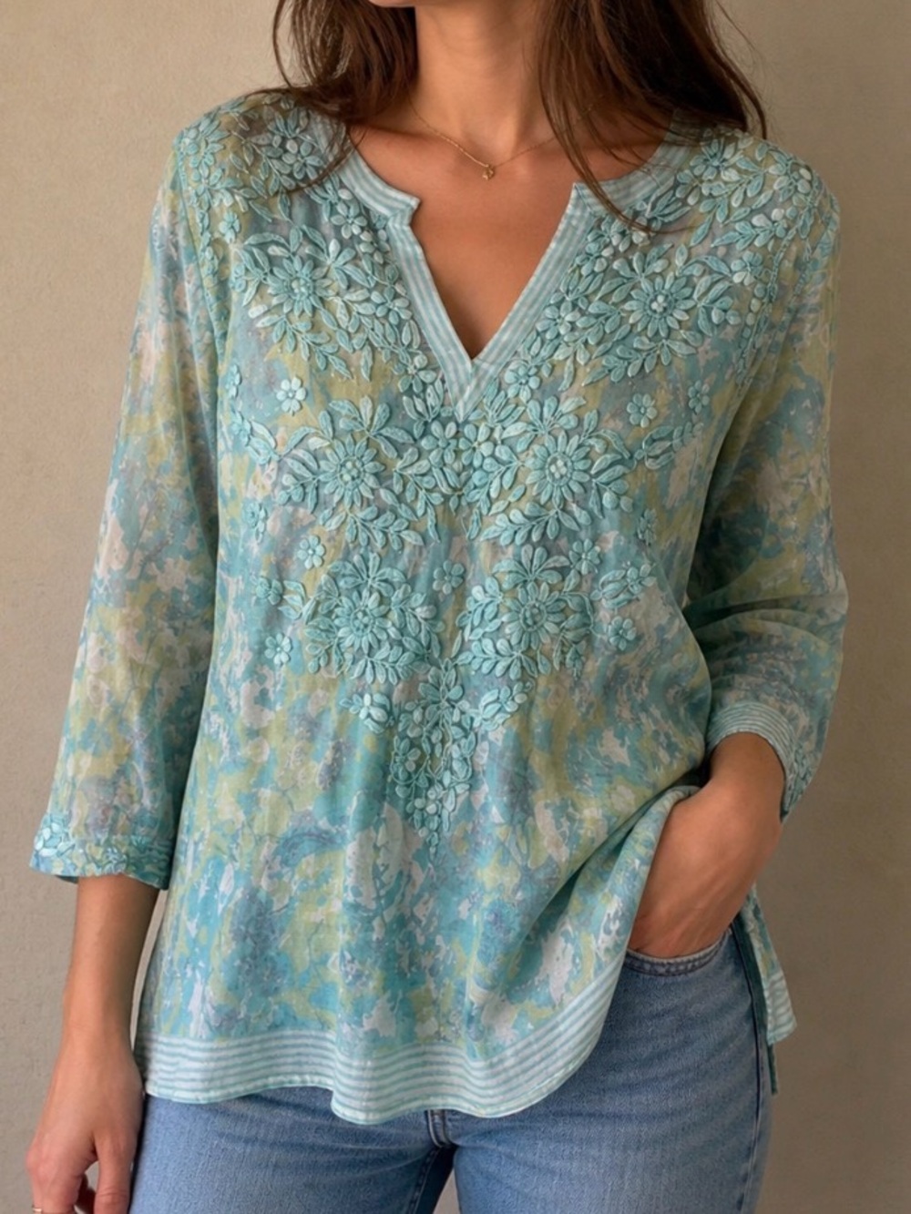 Amaya Embroidered Floral Tunic Top Size 42 Boho Sheer Lightweight M/L